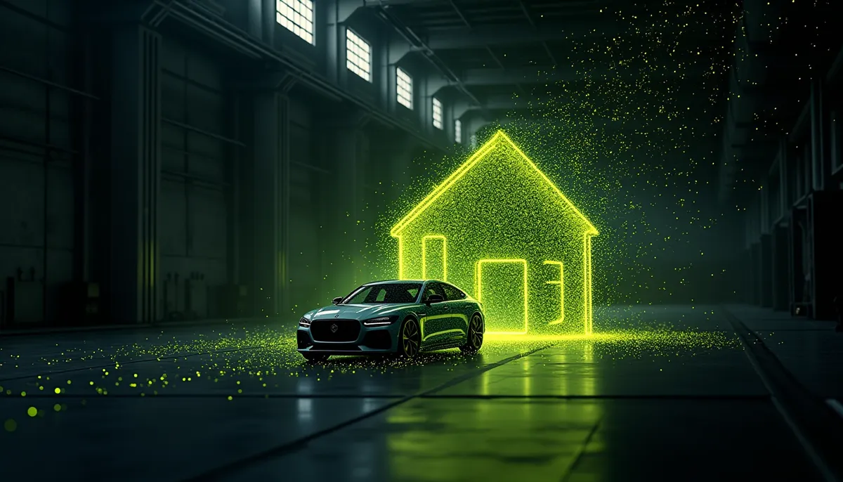 A sleek, modern automobile dissolves into a swarm of interconnected geometric nodes that seamlessly merge with the architectural lines of a cozy house, symbolizing the fusion of…