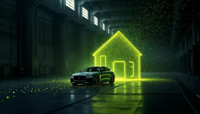 A sleek, modern automobile dissolves into a swarm of interconnected geometric nodes that seamlessly merge with the architectural lines of a cozy house, symbolizing the fusion of…